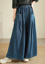 Women Blue Pockets Patchwork Wide Leg Jeans Spring