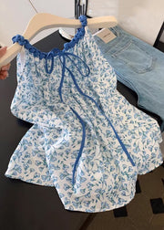 Women Blue Print Lace Up Cotton Tank Sleeveless