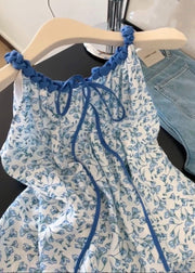 Women Blue Print Lace Up Cotton Tank Sleeveless