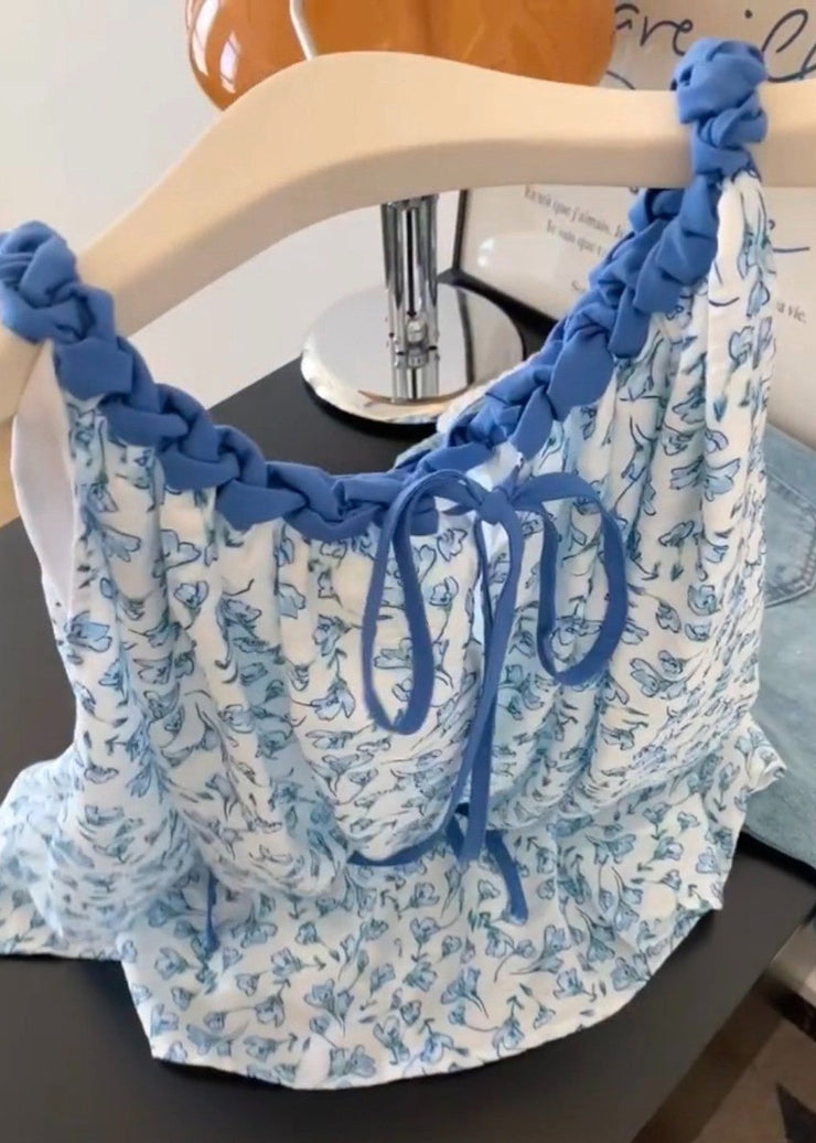 Women Blue Print Lace Up Cotton Tank Sleeveless
