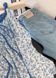 Women Blue Print Lace Up Cotton Tank Sleeveless