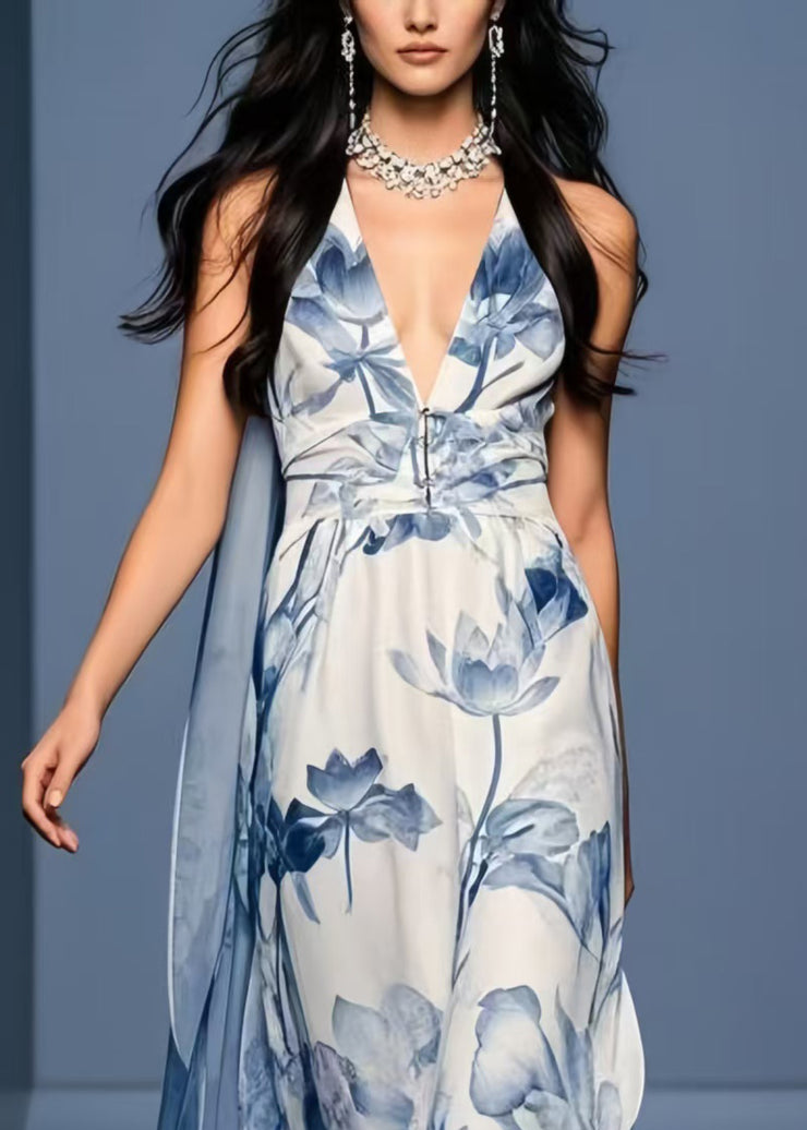 Women Blue Print Side Open Chiffon Sundresses Sleeveless