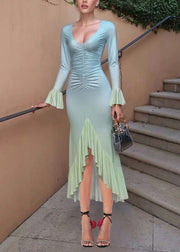 Women Blue Ruffled Asymmetrical Patchwork Slim Fit Long Dress Flare Sleeve