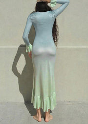 Women Blue Ruffled Asymmetrical Patchwork Slim Fit Long Dress Flare Sleeve