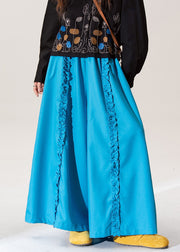 Women Blue Ruffled Elastic Waist Cotton Pants Fall