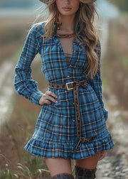 Women Blue Ruffled Plaid Cotton Short Dress Spring