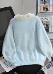 Women Blue Snowman Fuzzy Ball Decorated Knit Sweater Winter