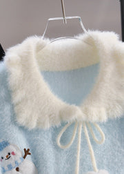 Women Blue Snowman Fuzzy Ball Decorated Knit Sweater Winter