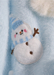 Women Blue Snowman Fuzzy Ball Decorated Knit Sweater Winter