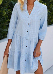 Women Blue Stand Collar Plaid Button Mid Shirts Dress Fall