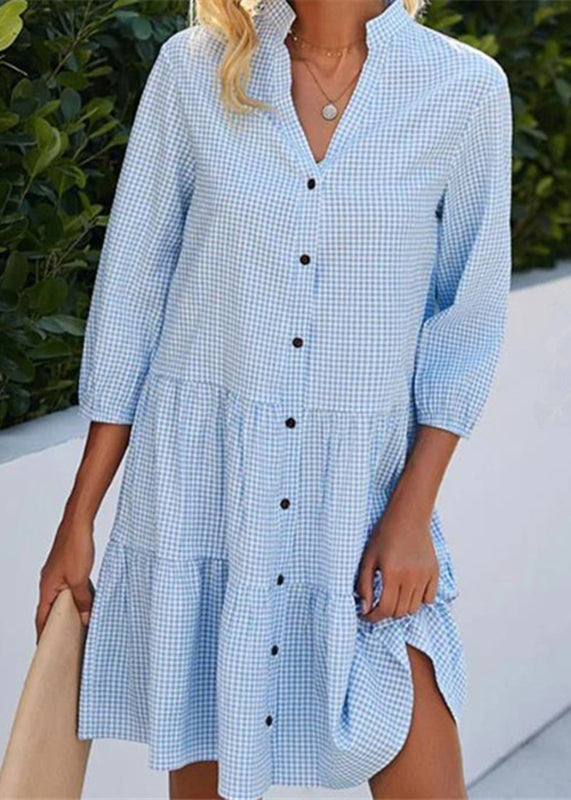 Women Blue Stand Collar Plaid Button Mid Shirts Dress Fall