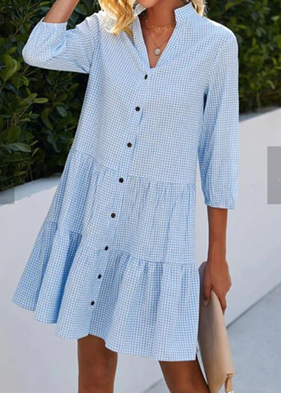 Women Blue Stand Collar Plaid Button Mid Shirts Dress Fall