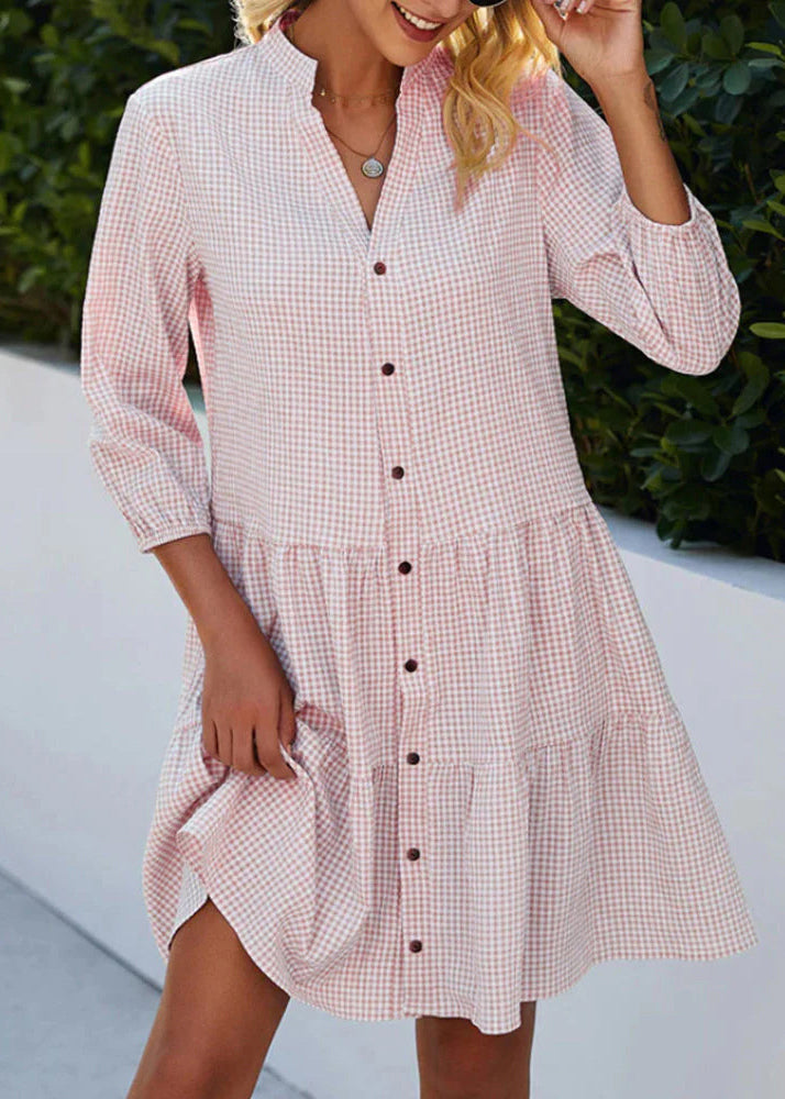 Women Blue Stand Collar Plaid Button Mid Shirts Dress Fall
