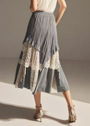 Women Blue Striped Asymmetrical Patchwork Lace Skirts Summer