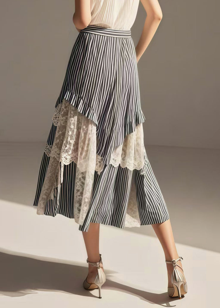 Women Blue Striped Asymmetrical Patchwork Lace Skirts Summer