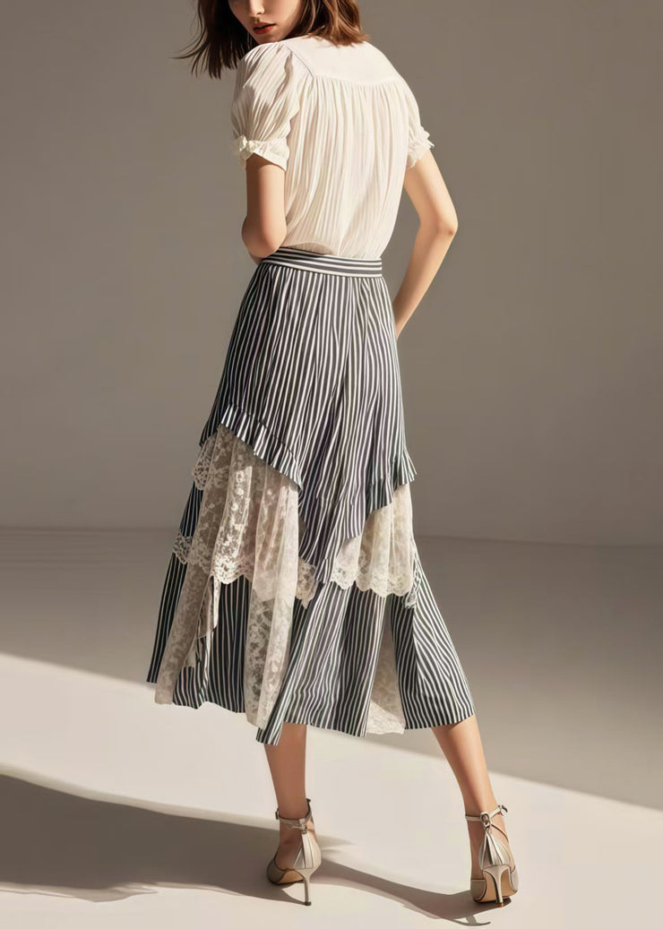 Women Blue Striped Asymmetrical Patchwork Lace Skirts Summer