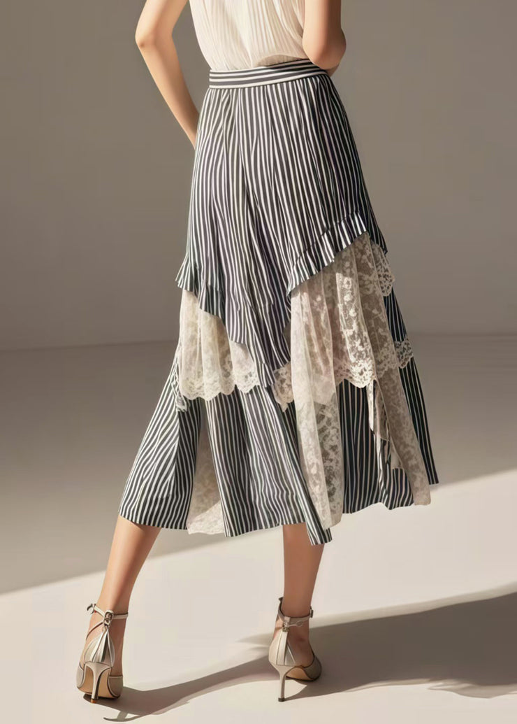 Women Blue Striped Asymmetrical Patchwork Lace Skirts Summer