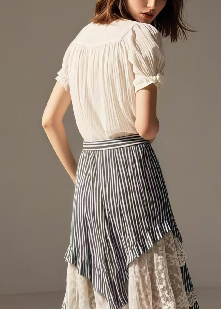 Women Blue Striped Asymmetrical Patchwork Lace Skirts Summer