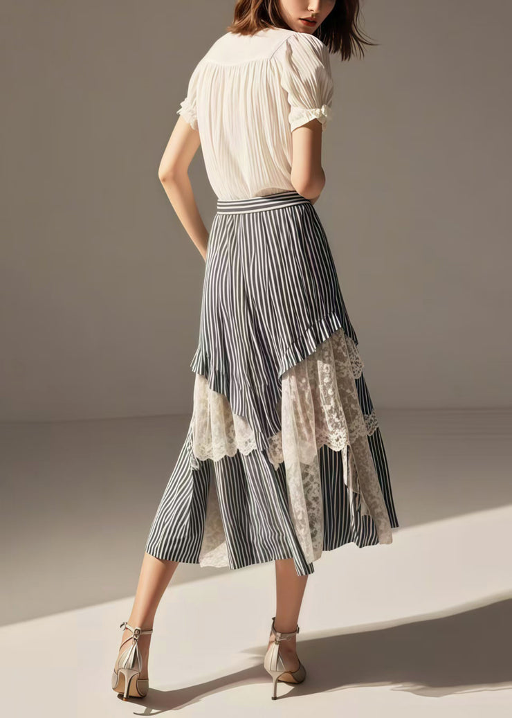 Women Blue Striped Asymmetrical Patchwork Lace Skirts Summer