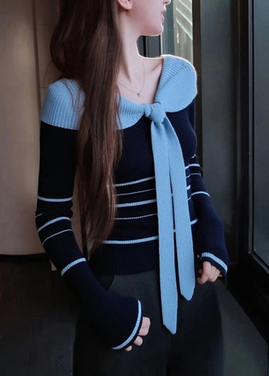 Women Blue Striped Bow Patchwork Knit Sweater Fall