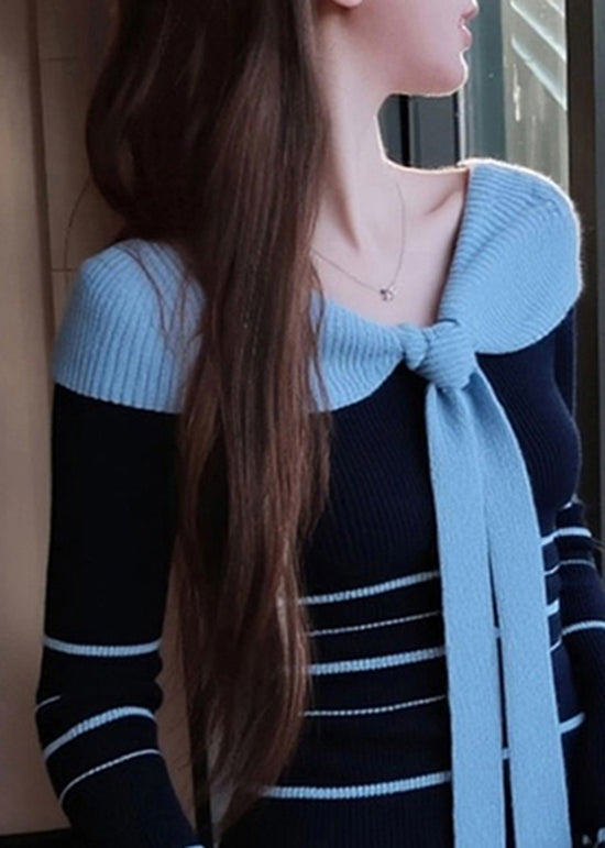 Women Blue Striped Bow Patchwork Knit Sweater Fall