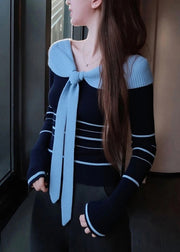 Women Blue Striped Bow Patchwork Knit Sweater Fall