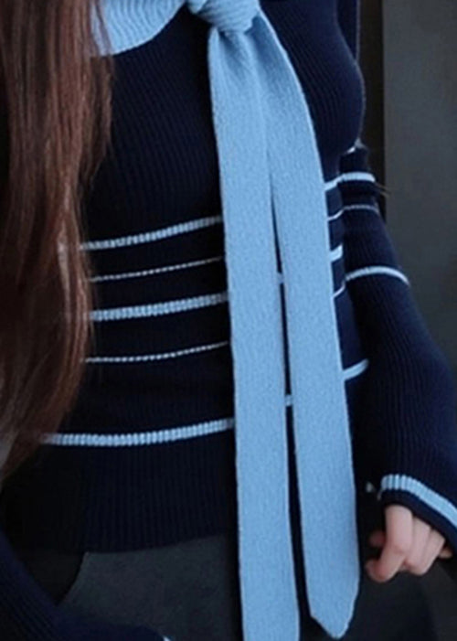 Women Blue Striped Bow Patchwork Knit Sweater Fall