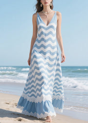 Women Blue Striped Patchwork Lace Chiffon Vacation Dress Summer