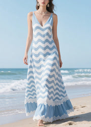 Women Blue Striped Patchwork Lace Chiffon Vacation Dress Summer