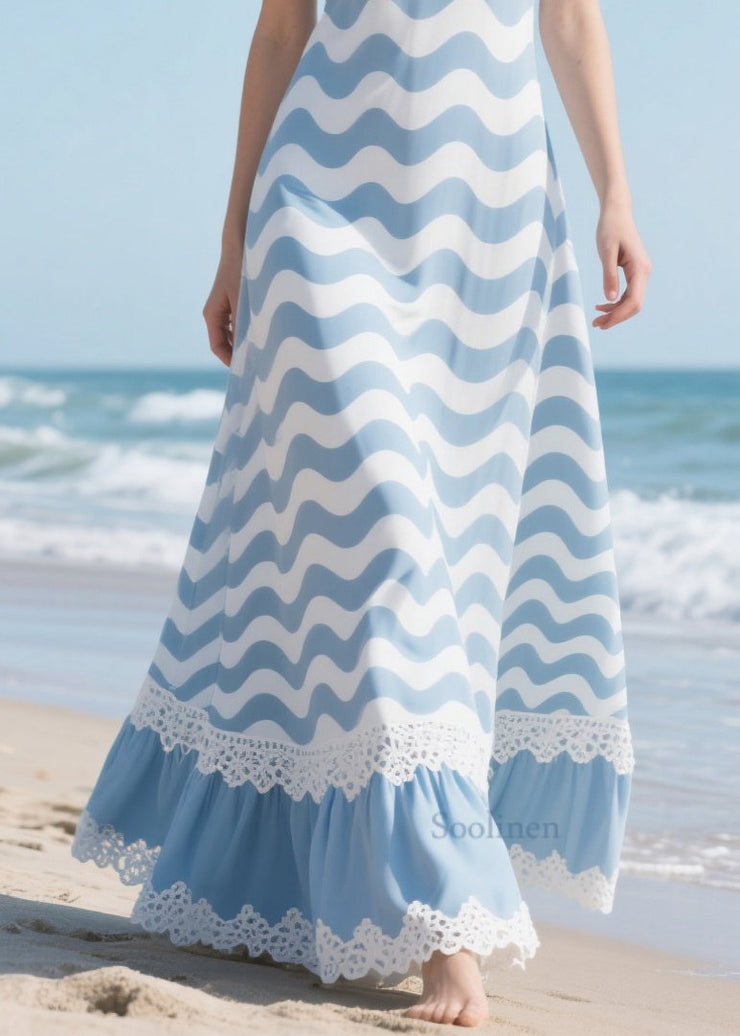 Women Blue Striped Patchwork Lace Chiffon Vacation Dress Summer