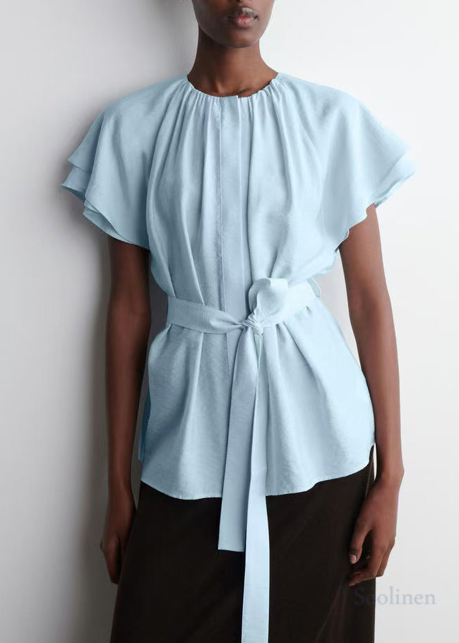 Women Blue Tie Waist Cotton Top Cloak Sleeves