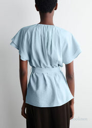 Women Blue Tie Waist Cotton Top Cloak Sleeves