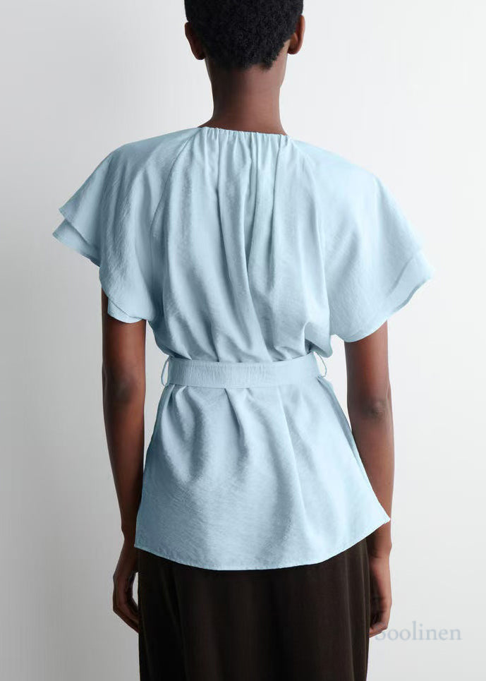 Women Blue Tie Waist Cotton Top Cloak Sleeves