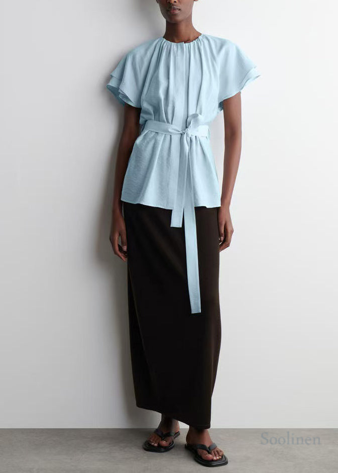 Women Blue Tie Waist Cotton Top Cloak Sleeves