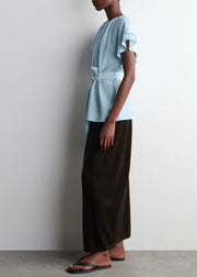 Women Blue Tie Waist Cotton Top Cloak Sleeves