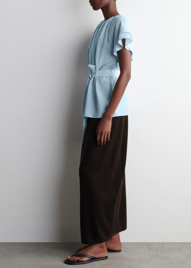 Women Blue Tie Waist Cotton Top Cloak Sleeves