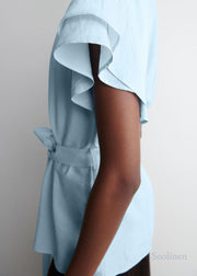 Women Blue Tie Waist Cotton Top Cloak Sleeves
