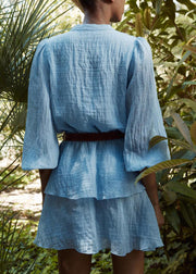 Women Blue V Neck Button Patchwork Cotton Short Dress Fall