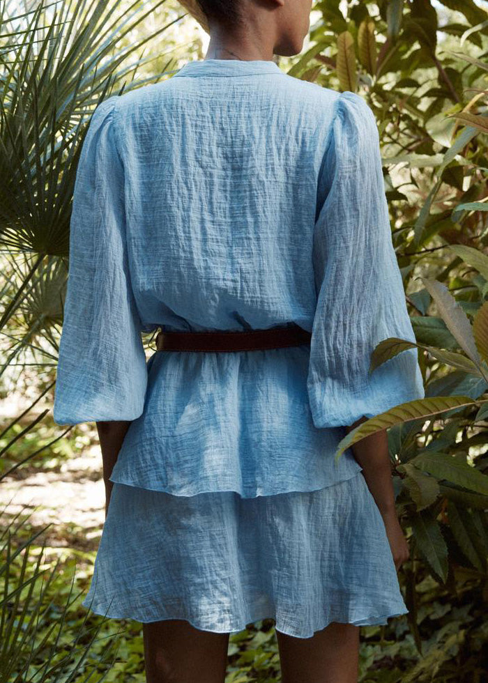 Women Blue V Neck Button Patchwork Cotton Short Dress Fall