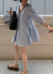Women Blue V Neck Lace Up Linen Mid Dress Bracelet Sleeve