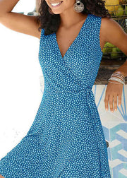 Women Blue V Neck Print Wrinkled Mid Dresses Sleeveless