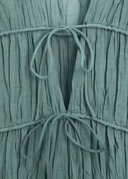 Women Blue V Neck Wrinkled Lace Up Cotton Long Dresses Summer