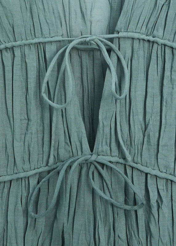 Women Blue V Neck Wrinkled Lace Up Cotton Long Dresses Summer