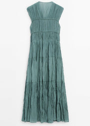 Women Blue V Neck Wrinkled Lace Up Cotton Long Dresses Summer