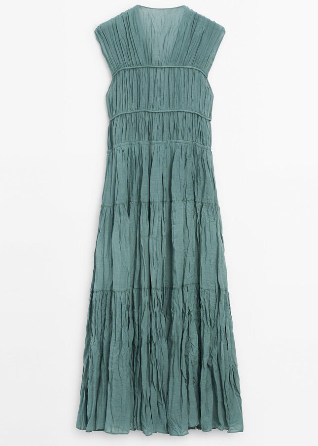 Women Blue V Neck Wrinkled Lace Up Cotton Long Dresses Summer