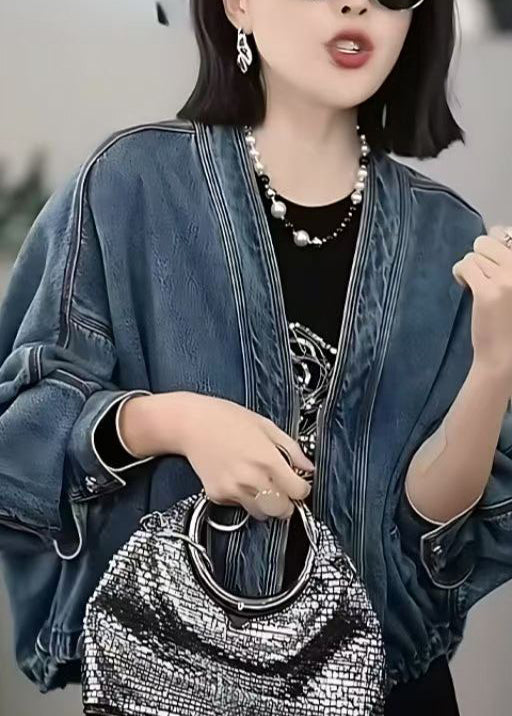 Women Blue V Neck Zip Up Patchwork Denim Jacket Fall