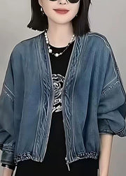 Women Blue V Neck Zip Up Patchwork Denim Jacket Fall