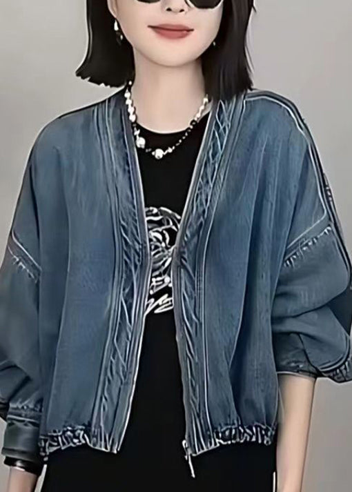 Women Blue V Neck Zip Up Patchwork Denim Jacket Fall