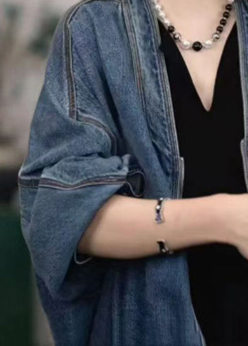 Women Blue V Neck Zip Up Patchwork Denim Jacket Fall