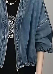 Women Blue V Neck Zip Up Patchwork Denim Jacket Fall